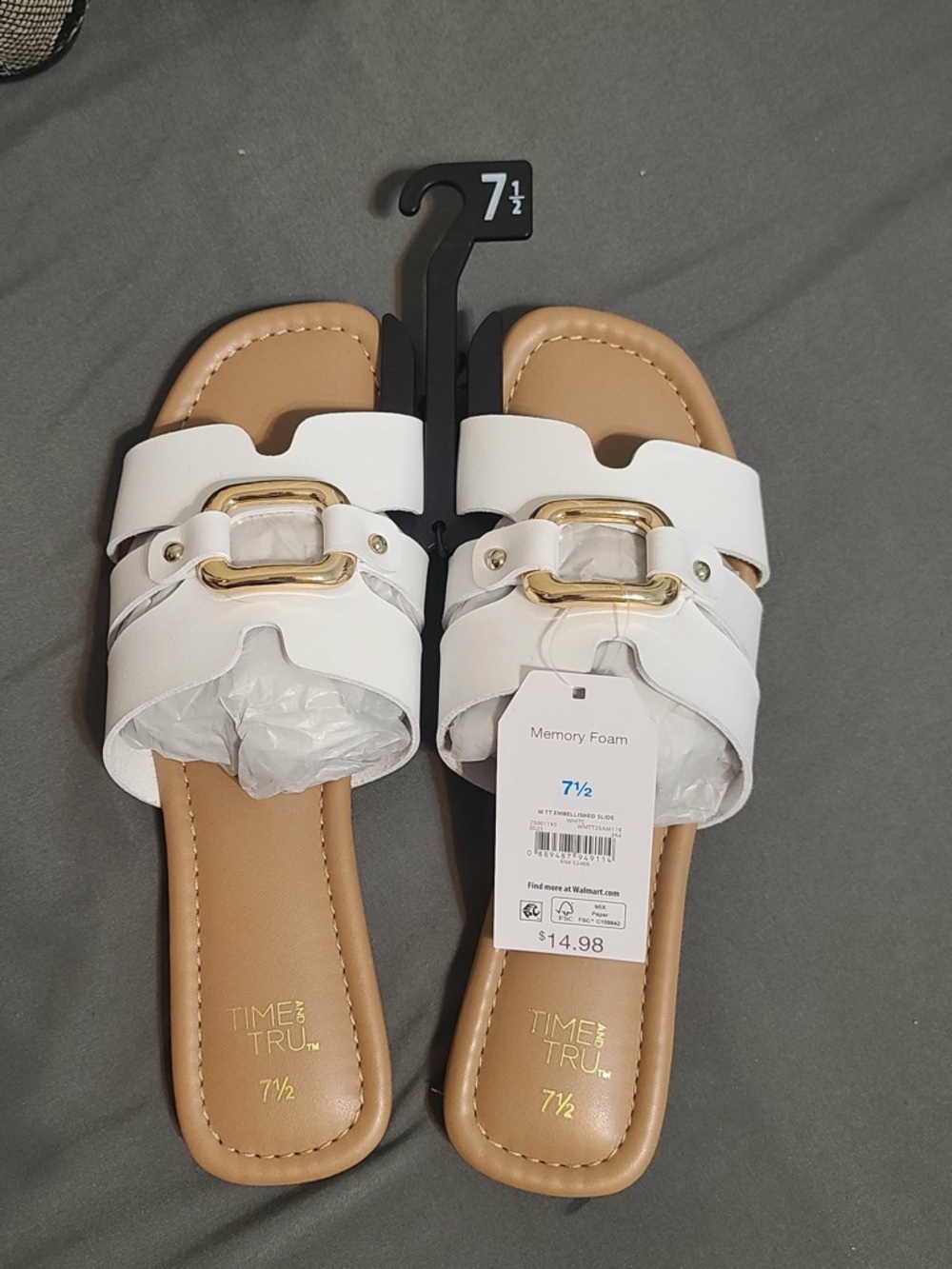 Time and Tru White Slide Sandals with Gold Buckle Detail